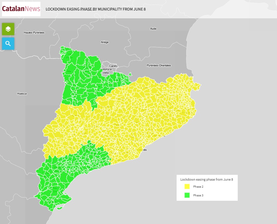 Map with the lockdown easing phases by municipality in Catalonia from June 8